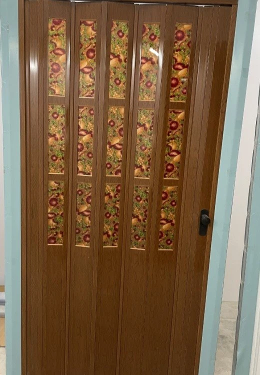 Wood color with flower glass PVC folding door